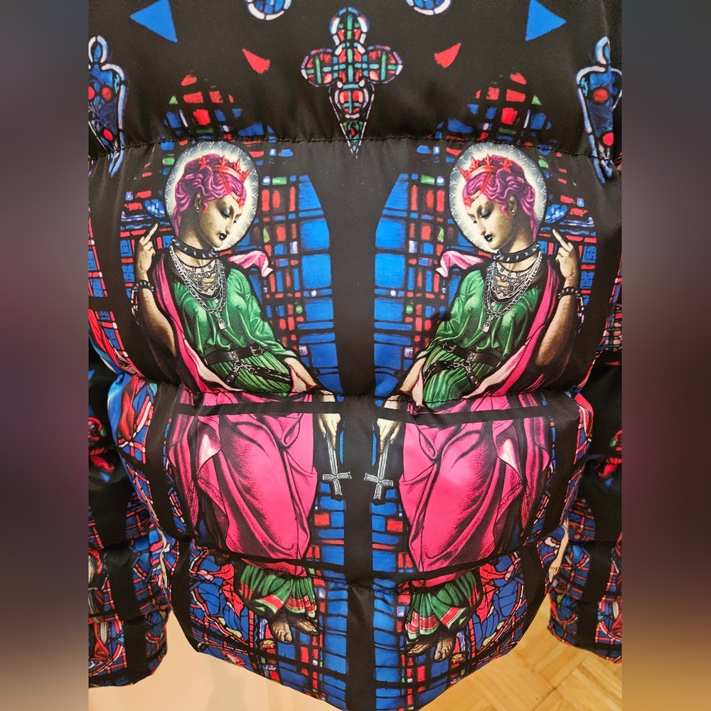 RARE NEW Dolls Kill Higher Calling Black Stained Glass Puffer Bomber Jacket M - Picture 4 of 8